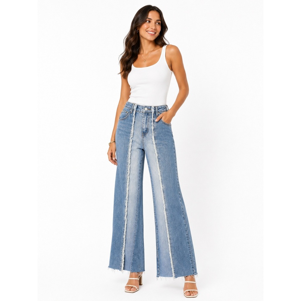 Y2K Two Tone Frayed Seam Wide Leg Jeans Blue High Rise Raw Distressed Sz 6